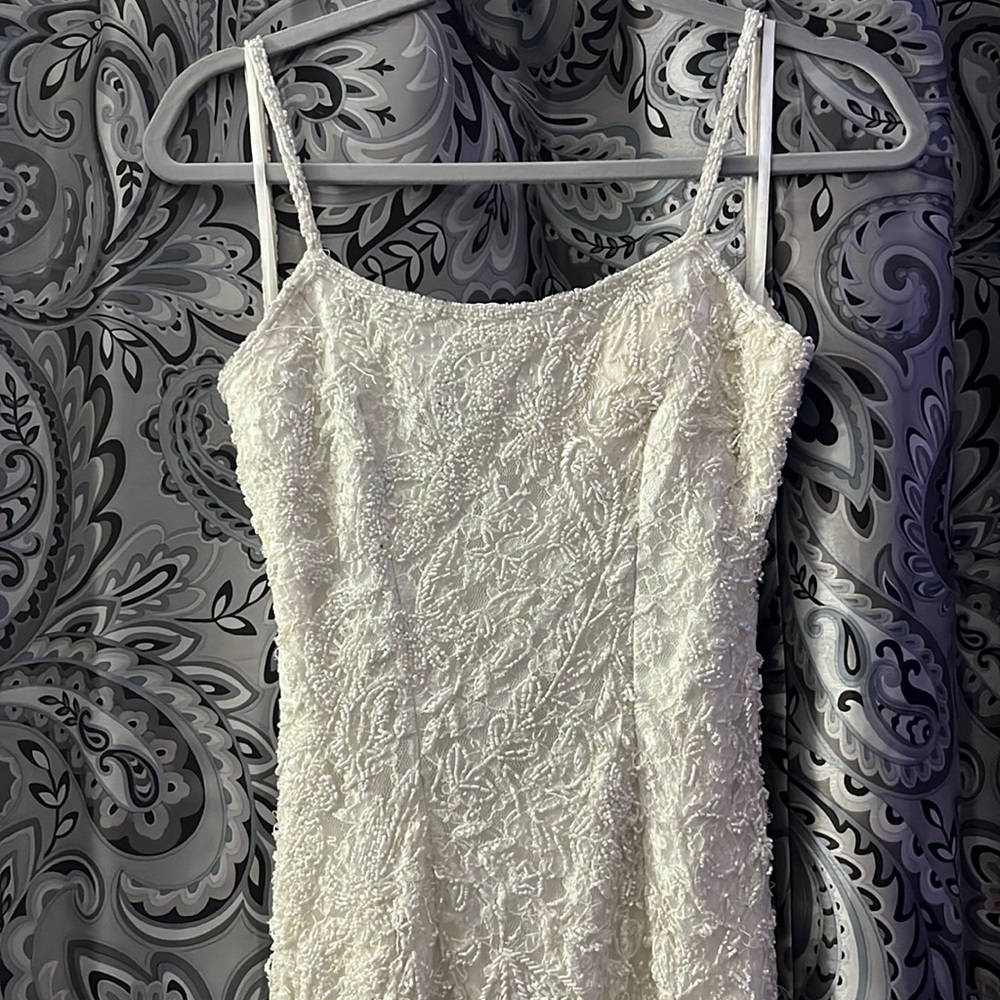 White House black market crème colored sequin open back dress